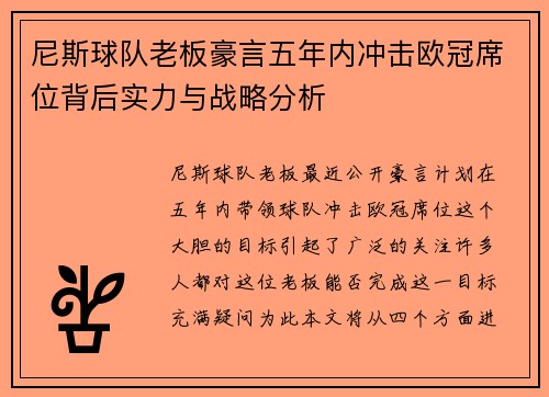尼斯球队老板豪言五年内冲击欧冠席位背后实力与战略分析