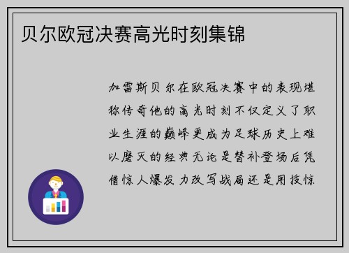 贝尔欧冠决赛高光时刻集锦